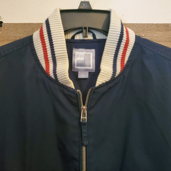Vtg JC Penney Blue Bomber Jacket Lined Red White Blue Trim USA Vibes Mens S Lrge - Picture 2 of 13